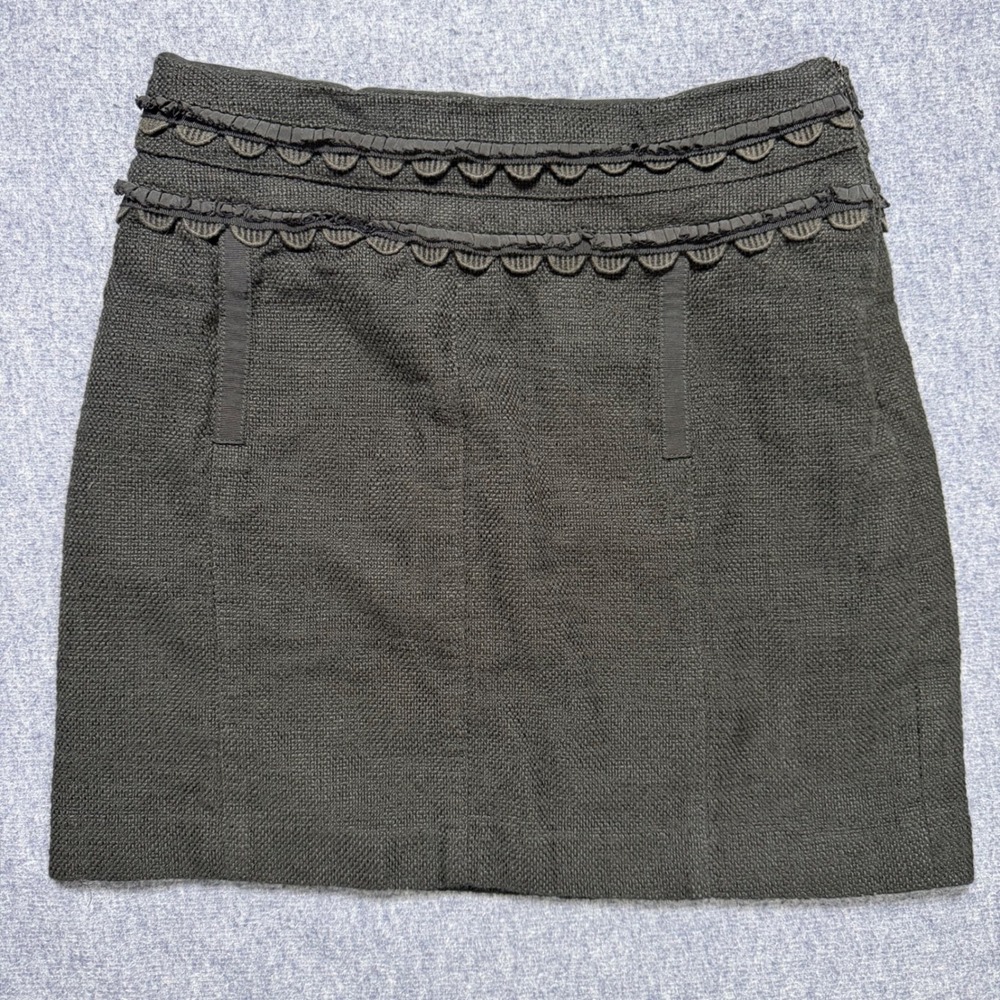 Tory Burch Black Textured Cotton Scalloped Trim Mini Skirt Size 8